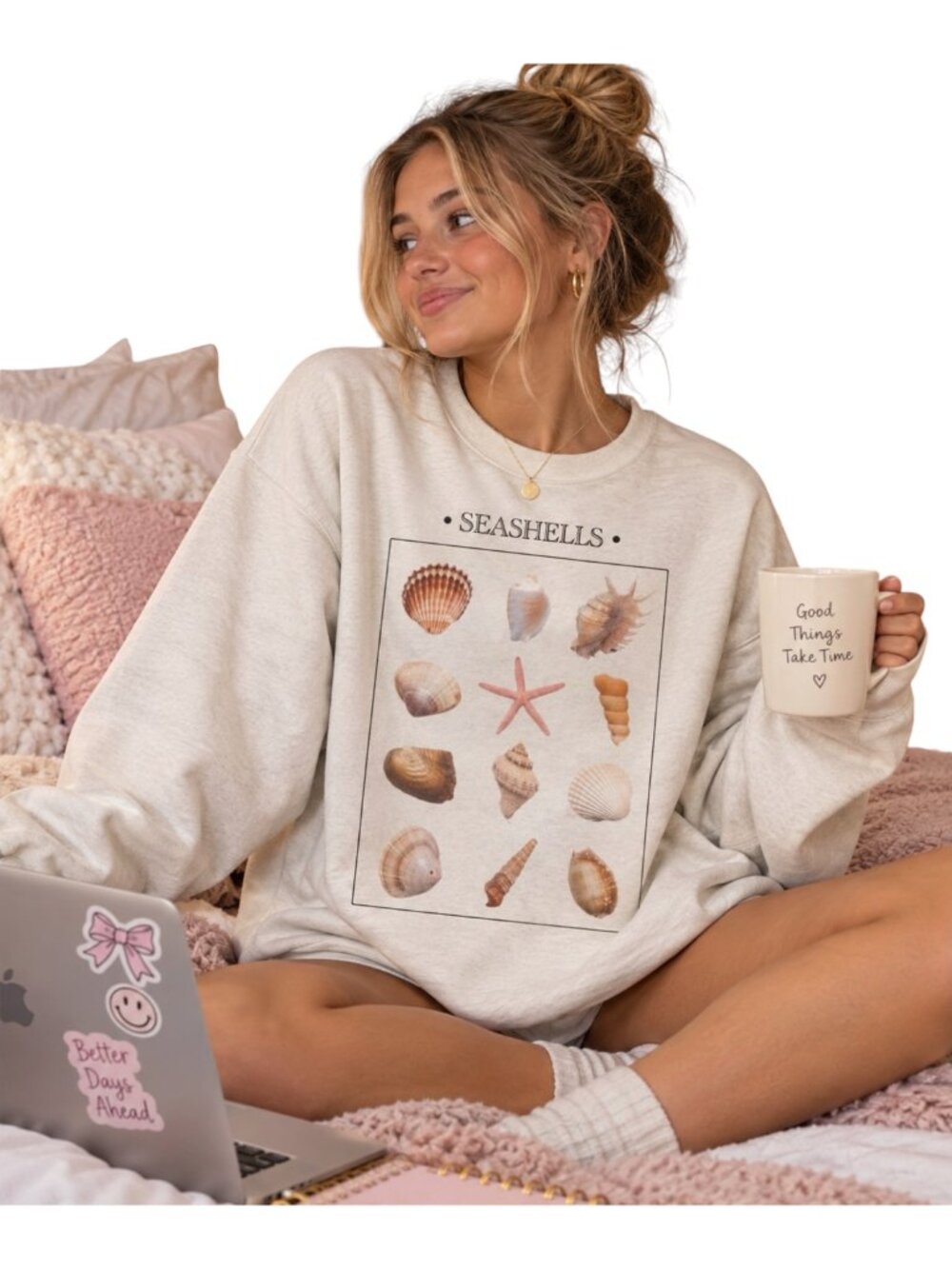 🐚Tilly’s Women’s Oversized White Coastal Seashell Crewneck Casual Sweatshirt XL